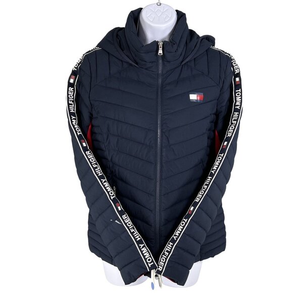 Tommy Hilfiger Women M Puffer Hooded Jacket Branded Strip Down Sleeves Flag Logo - Picture 2 of 16